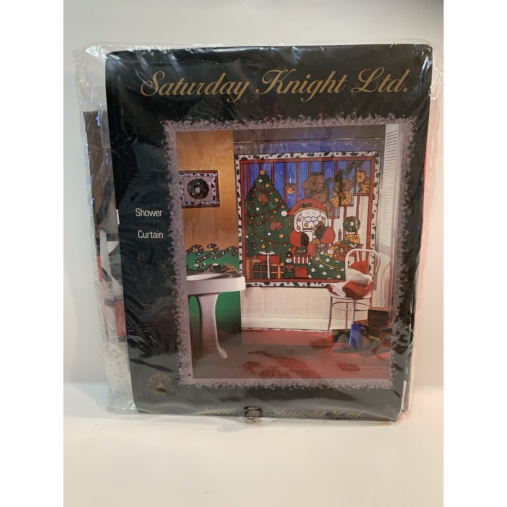 Vtg Santas Surprise Shower Curtain Saturday Knight Tree Gifts Bears Candy Canes